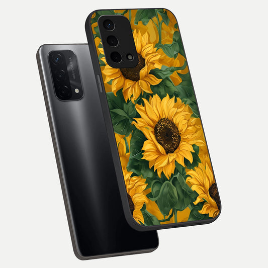 Bright Sunflower Bloom phone case For Oppo A74 5G showing premium glass back cover with detailed artwork