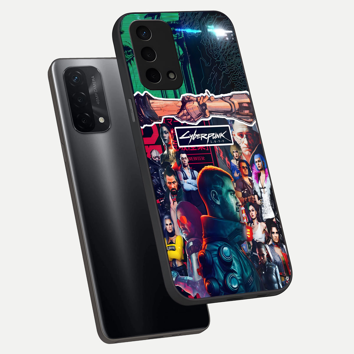  CYBERPUNK Legacy phone case For Oppo A74 5G showing premium glass back cover with detailed artwork