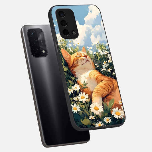  Cat And Flowers View phone case For Oppo A74 5G showing premium glass back cover with detailed artwork