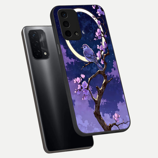  Celestial Bird Blossom phone case For Oppo A74 5G showing premium glass back cover with detailed artwork