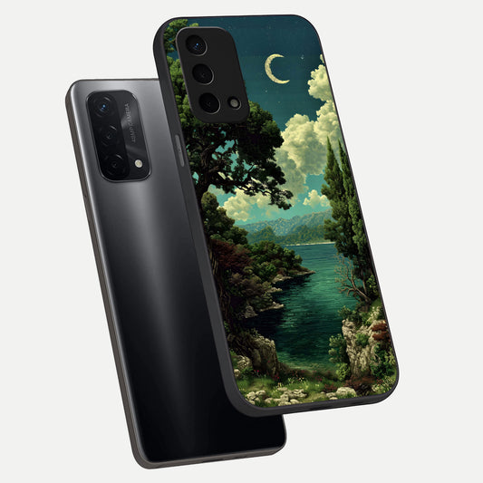  Celestial Lake Peace phone case For Oppo A74 5G showing premium glass back cover with detailed artwork