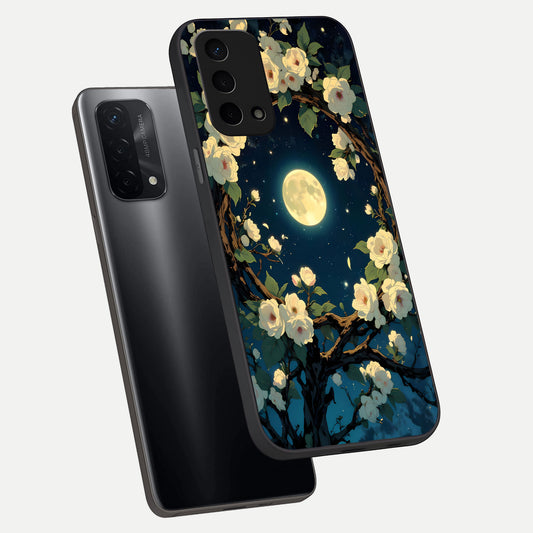  Celestial Moon And Flower phone case For Oppo A74 5G showing premium glass back cover with detailed artwork