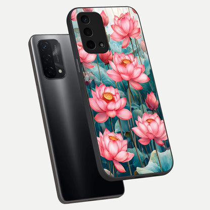  Celestial Pink Lotus phone case For Oppo A74 5G showing premium glass back cover with detailed artwork