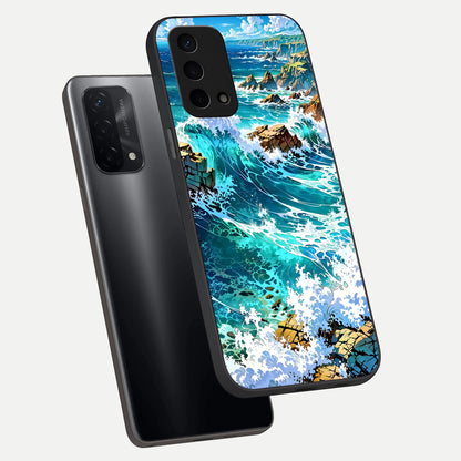  Coastal Blue Waves phone case For Oppo A74 5G showing premium glass back cover with detailed artwork