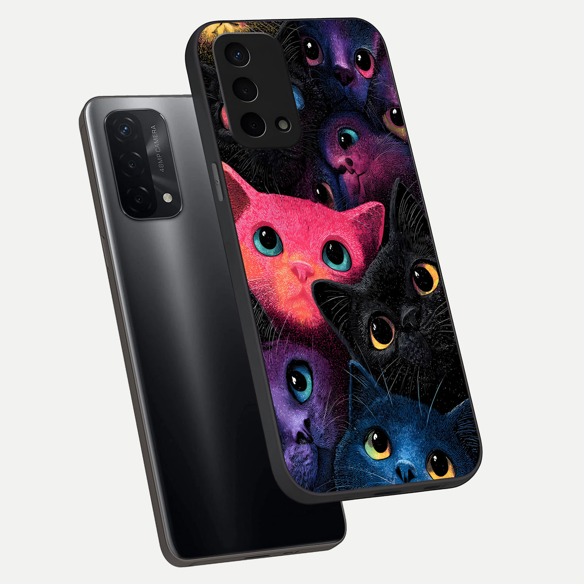  Cosmic Cats Dreams phone case For Oppo A74 5G showing premium glass back cover with detailed artwork