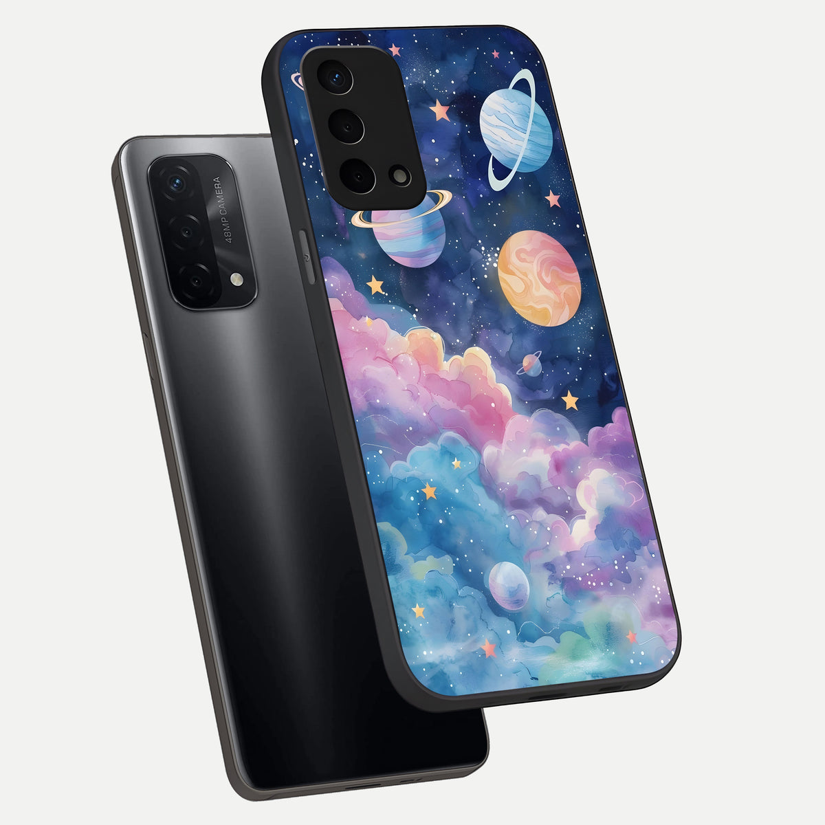  Cosmic Planet Dreams phone case For Oppo A74 5G showing premium glass back cover with detailed artwork