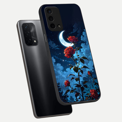  Crimson Rose Moon phone case For Oppo A74 5G showing premium glass back cover with detailed artwork