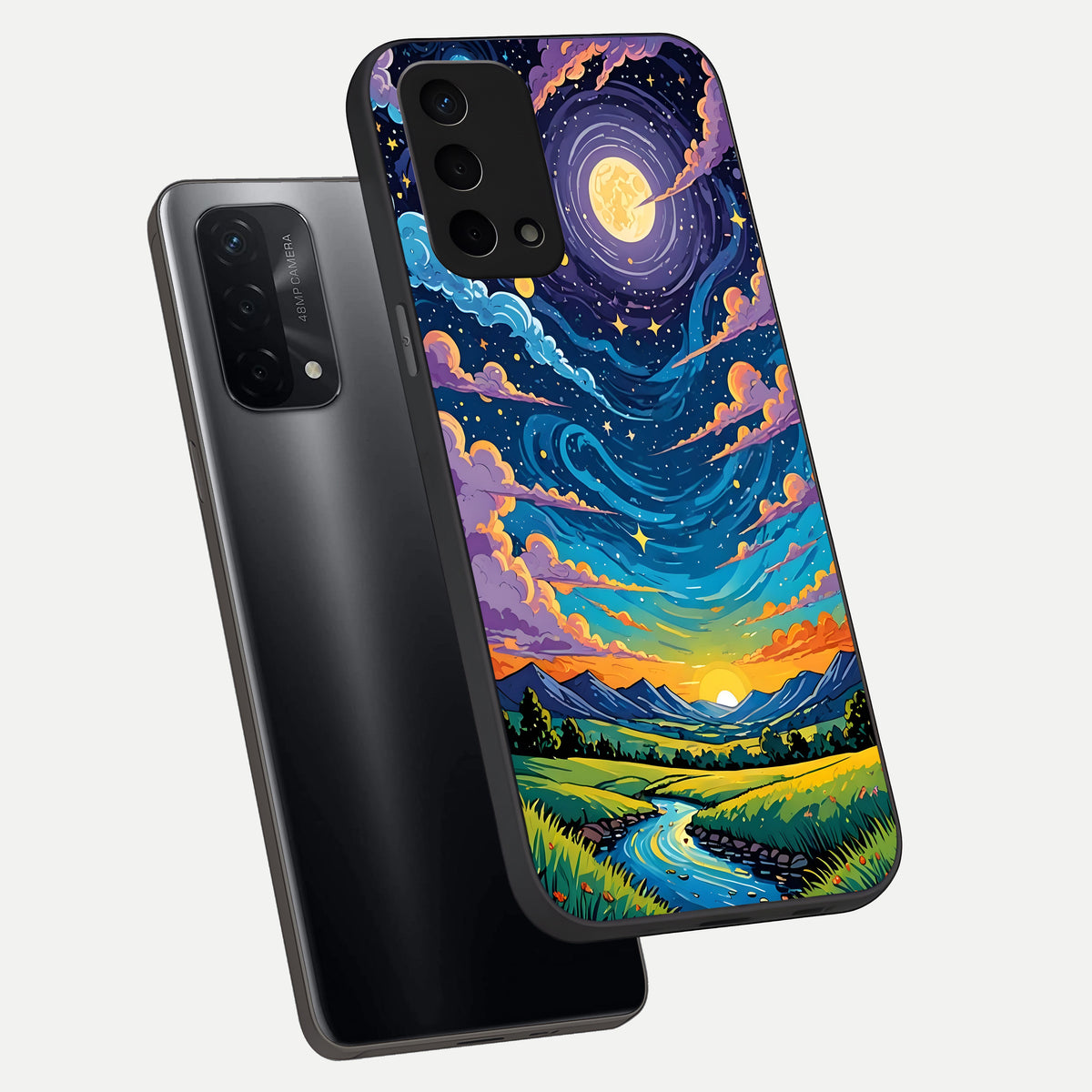  Dreamy Night Landscape phone case For Oppo A74 5G showing premium glass back cover with detailed artwork