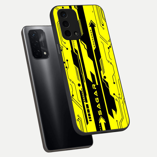  Electric Pulse CYBERPUNK Custom Name phone case For Oppo A74 5G showing premium glass back cover with detailed artwork