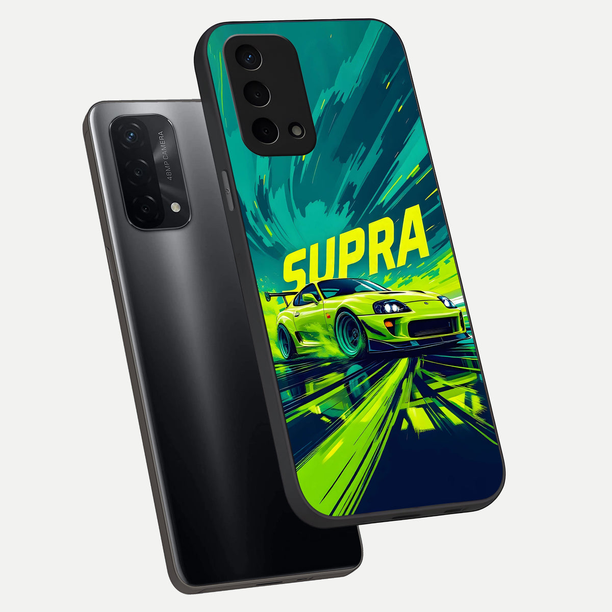  Electric Supra Thunder phone case For Oppo A74 5G showing premium glass back cover with detailed artwork