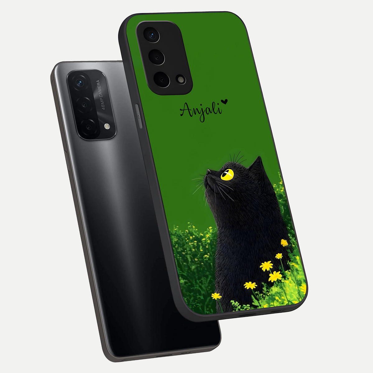  Emerald Cat Custom Name phone case For Oppo A74 5G showing premium glass back cover with detailed artwork
