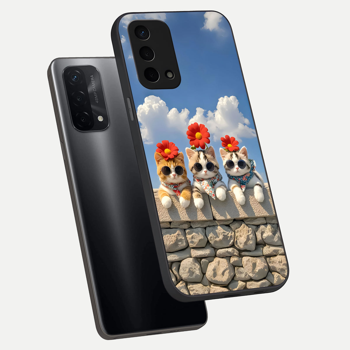  Floral Kitty Squad phone case For Oppo A74 5G showing premium glass back cover with detailed artwork