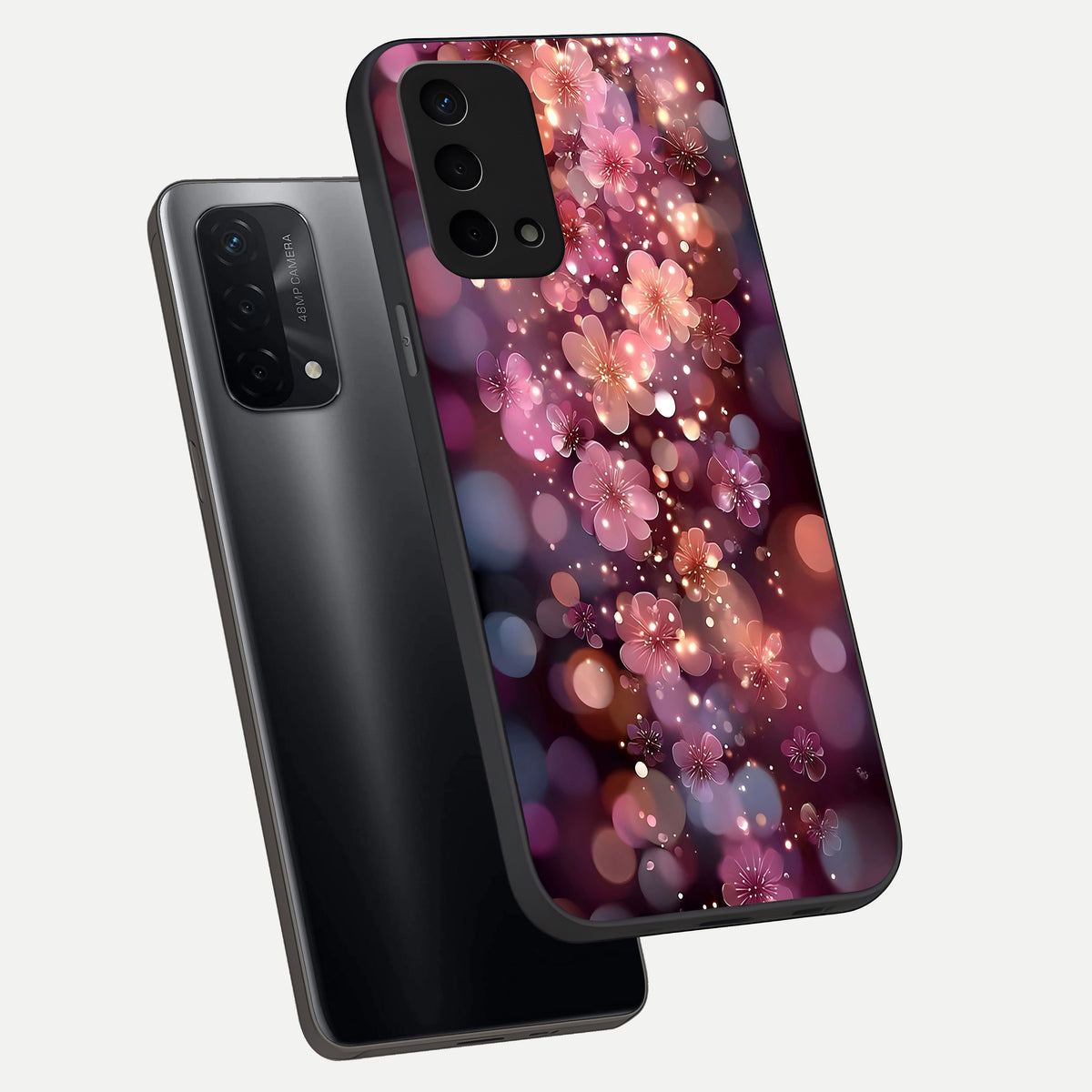  Glowing Petal Bliss phone case For Oppo A74 5G showing premium glass back cover with detailed artwork