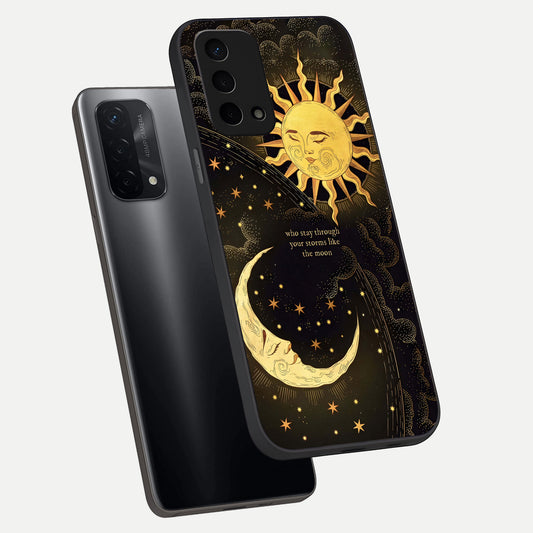  Golden Lunar Love phone case For Oppo A74 5G showing premium glass back cover with detailed artwork