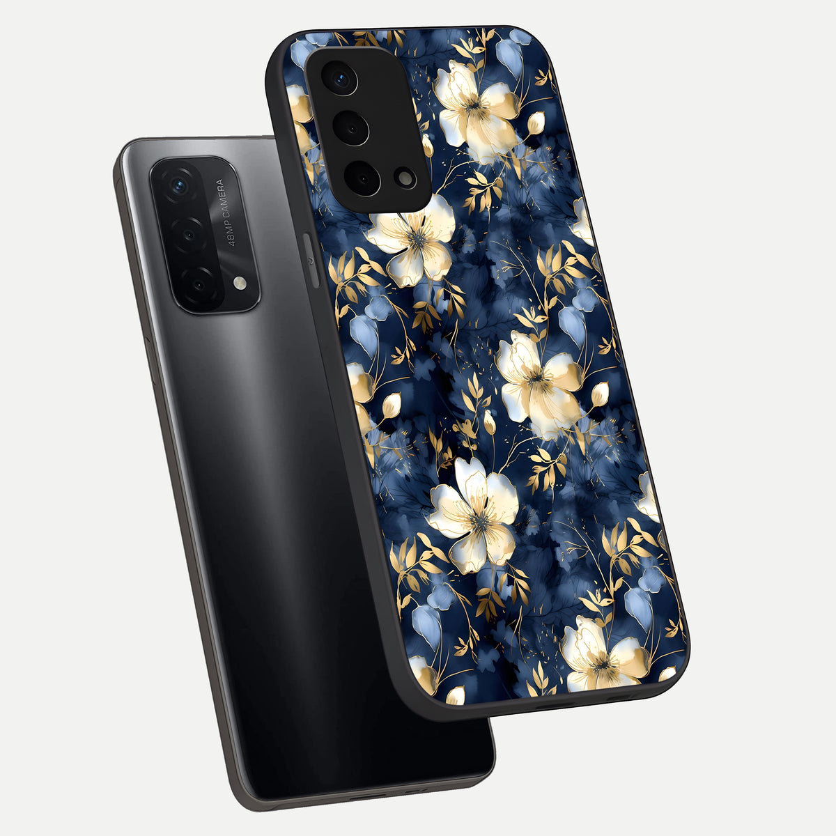  Golden Midnight Bloom phone case For Oppo A74 5G showing premium glass back cover with detailed artwork