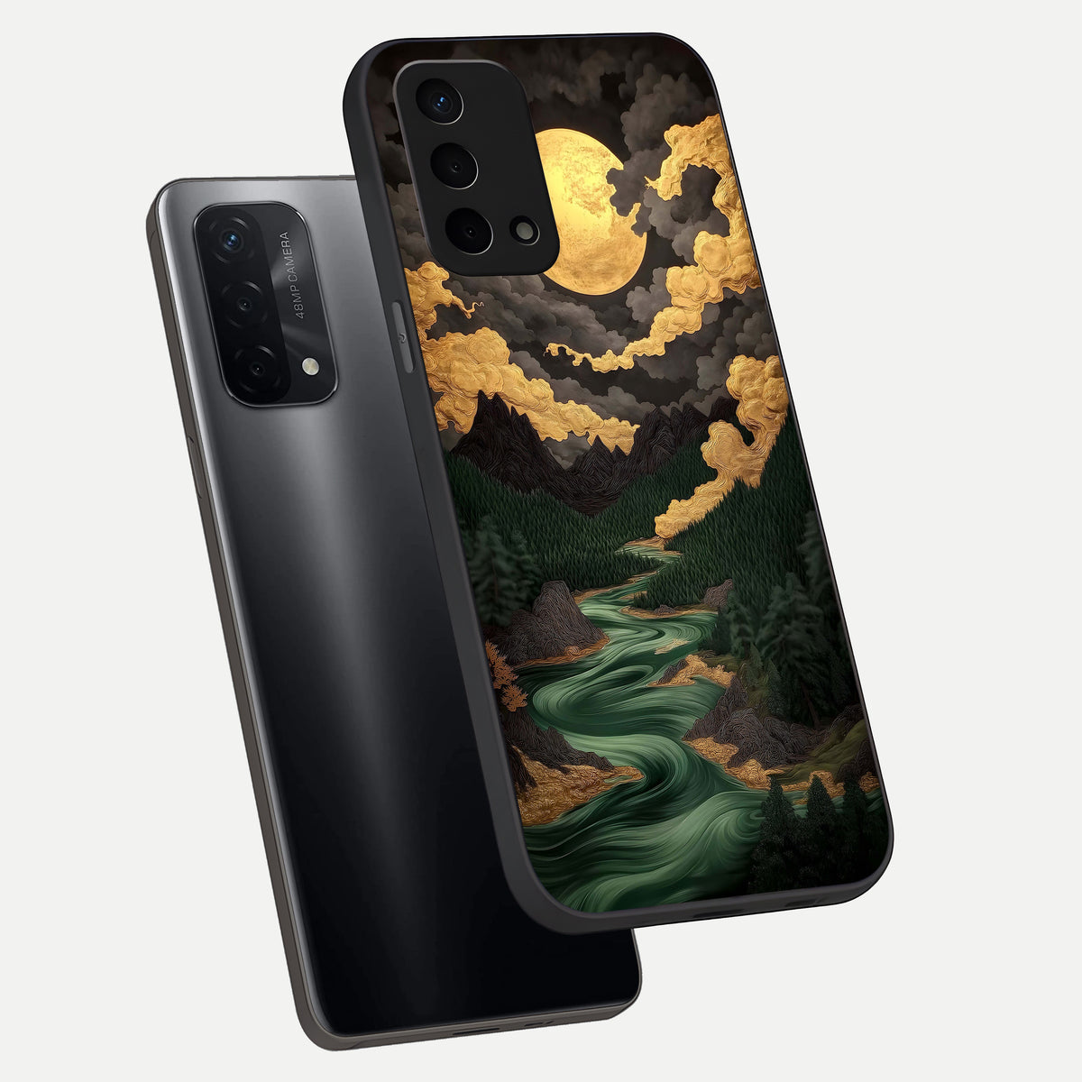  Golden River Moon phone case For Oppo A74 5G showing premium glass back cover with detailed artwork