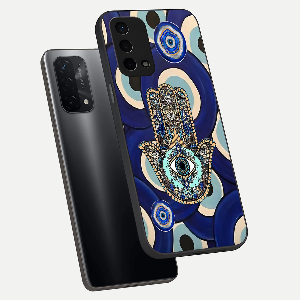  Hamsa Divine Guard phone case For Oppo A74 5G showing premium glass back cover with detailed artwork