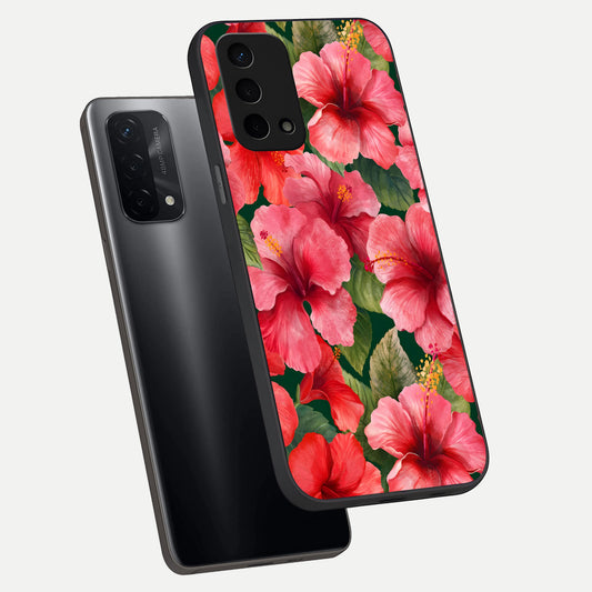  Hibiscus Pattern phone case For Oppo A74 5G showing premium glass back cover with detailed artwork