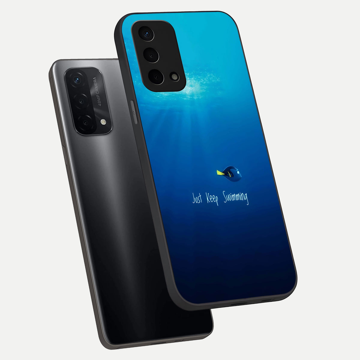  Just Keep Swimming phone case For Oppo A74 5G showing premium glass back cover with detailed artwork