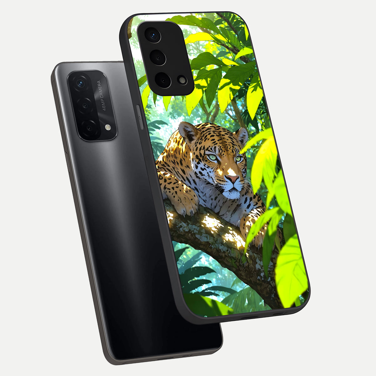  Leopard in Jungle phone case For Oppo A74 5G showing premium glass back cover with detailed artwork