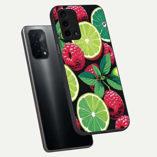  Lime and Raspberry Pattern phone case For Oppo A74 5G showing premium glass back cover with detailed artwork