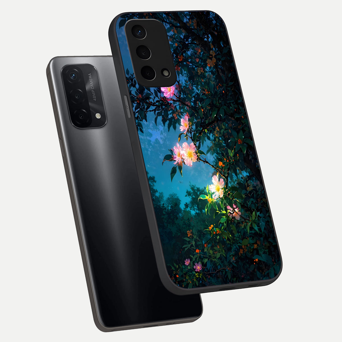  Midnight Bloom Glow phone case For Oppo A74 5G showing premium glass back cover with detailed artwork