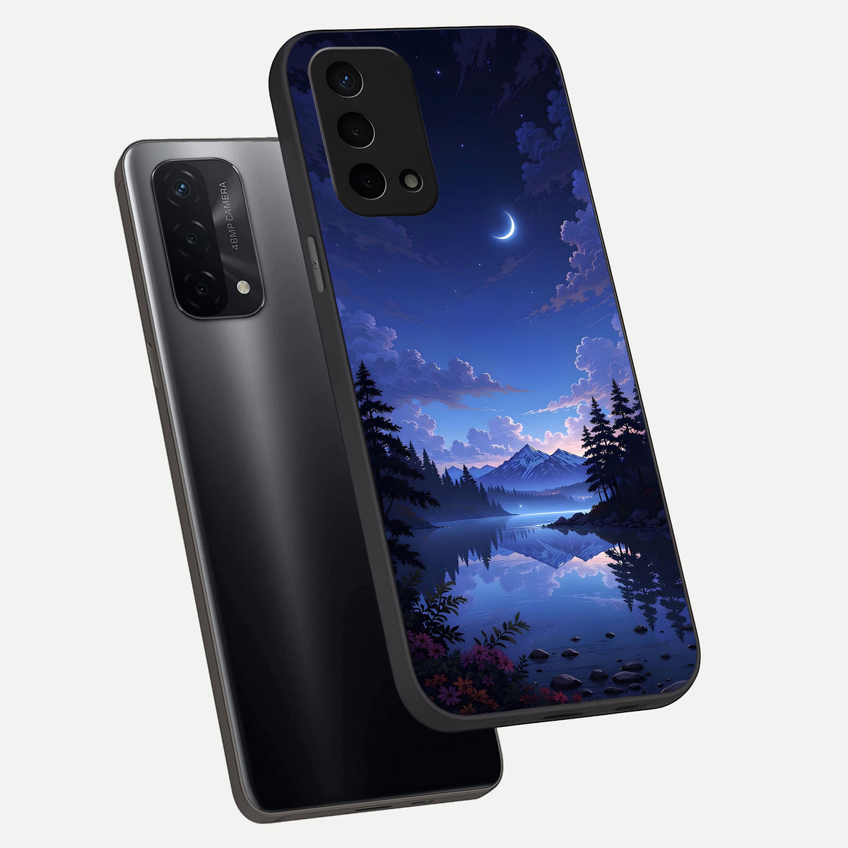  Midnight Lake Peace phone case For Oppo A74 5G showing premium glass back cover with detailed artwork