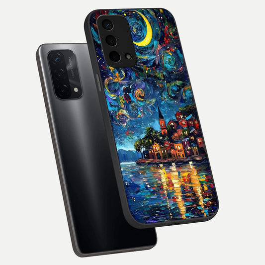  Moonlight Harbor Glow phone case For Oppo A74 5G showing premium glass back cover with detailed artwork