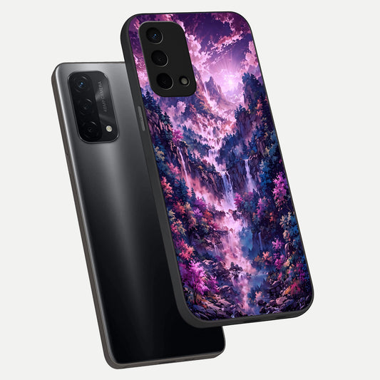  Mystic Cascade Peaks phone case For Oppo A74 5G showing premium glass back cover with detailed artwork