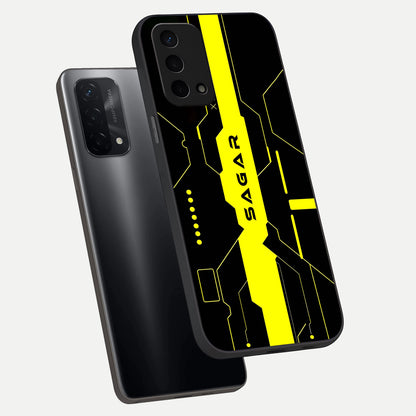  Neon CYBERPUNK Custom Name phone case For Oppo A74 5G showing premium glass back cover with detailed artwork
