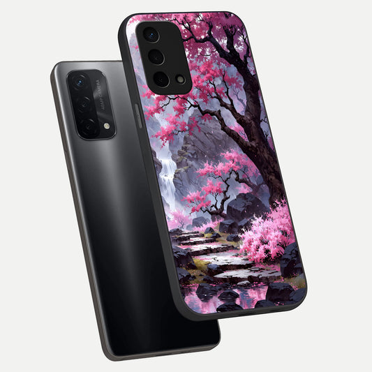  Pink Sunflower Glow phone case For Oppo A74 5G showing premium glass back cover with detailed artwork