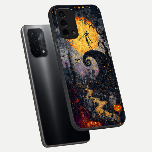  Pumpkin Moon Night phone case For Oppo A74 5G showing premium glass back cover with detailed artwork