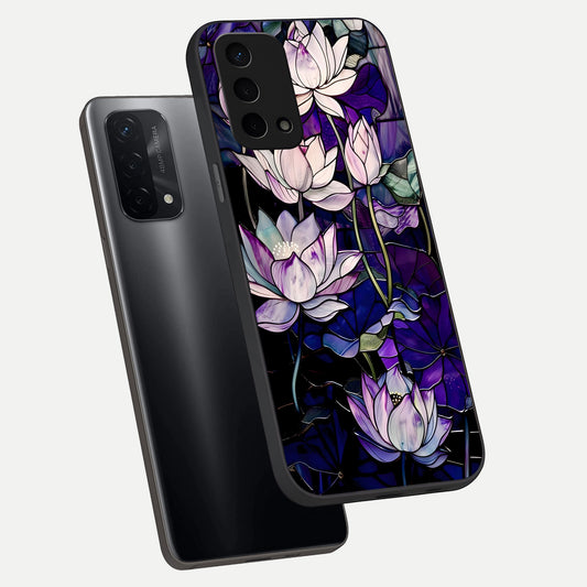  Purple Lotus Pattern phone case For Oppo A74 5G showing premium glass back cover with detailed artwork