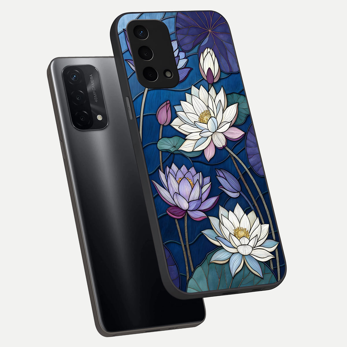  Purple Lotus Stained phone case For Oppo A74 5G showing premium glass back cover with detailed artwork