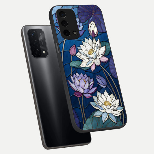  Purple Lotus Stained phone case For Oppo A74 5G showing premium glass back cover with detailed artwork