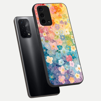  Rainbow Blossom Burst phone case For Oppo A74 5G showing premium glass back cover with detailed artwork