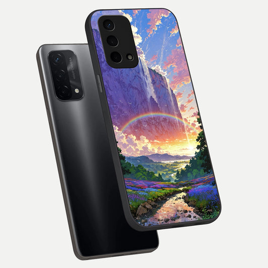  Rainbow Valley Dream phone case For Oppo A74 5G showing premium glass back cover with detailed artwork