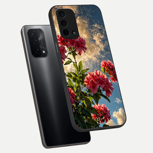  Red Bloom Skies phone case For Oppo A74 5G showing premium glass back cover with detailed artwork