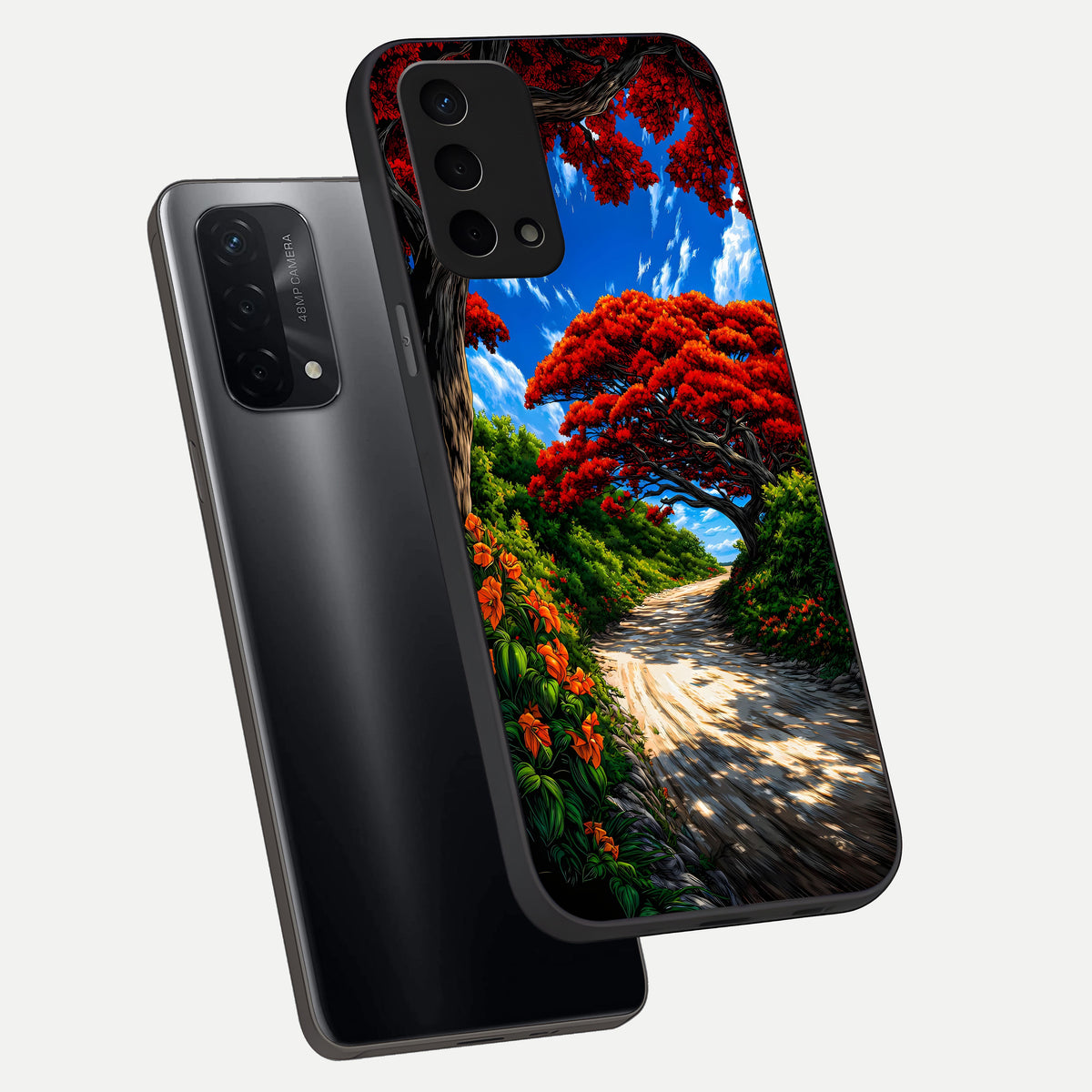  Red Trees Pathway phone case For Oppo A74 5G showing premium glass back cover with detailed artwork