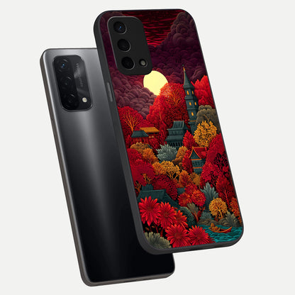  Scarlet Autumn Temple phone case For Oppo A74 5G showing premium glass back cover with detailed artwork