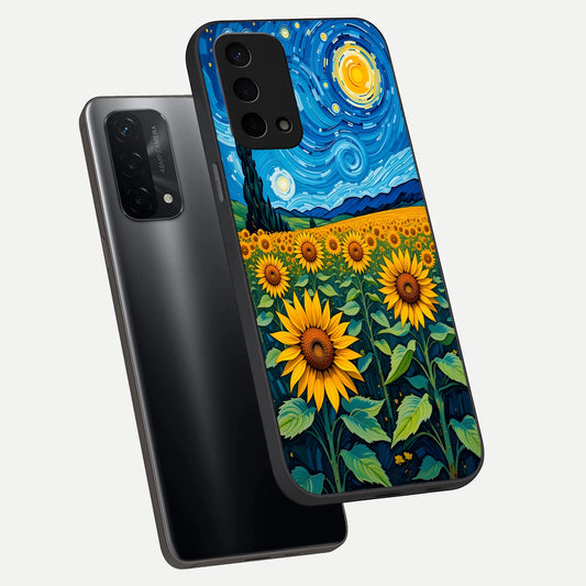  Starry Sunflower Dreams phone case For Oppo A74 5G showing premium glass back cover with detailed artwork