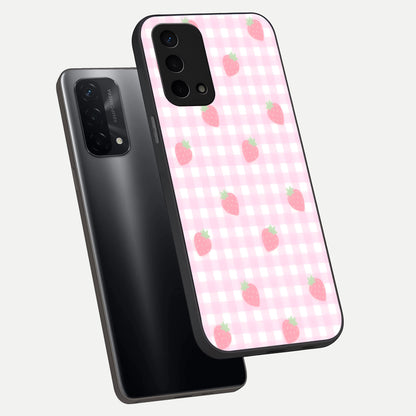  Strawberry Picnic Love phone case For Oppo A74 5G showing premium glass back cover with detailed artwork