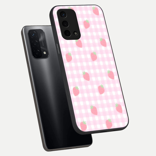 Strawberry Picnic Love phone case For Oppo A74 5G showing premium glass back cover with detailed artwork