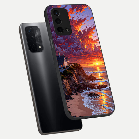 Sunset House By Sea phone case For Oppo A74 5G showing premium glass back cover with detailed artwork