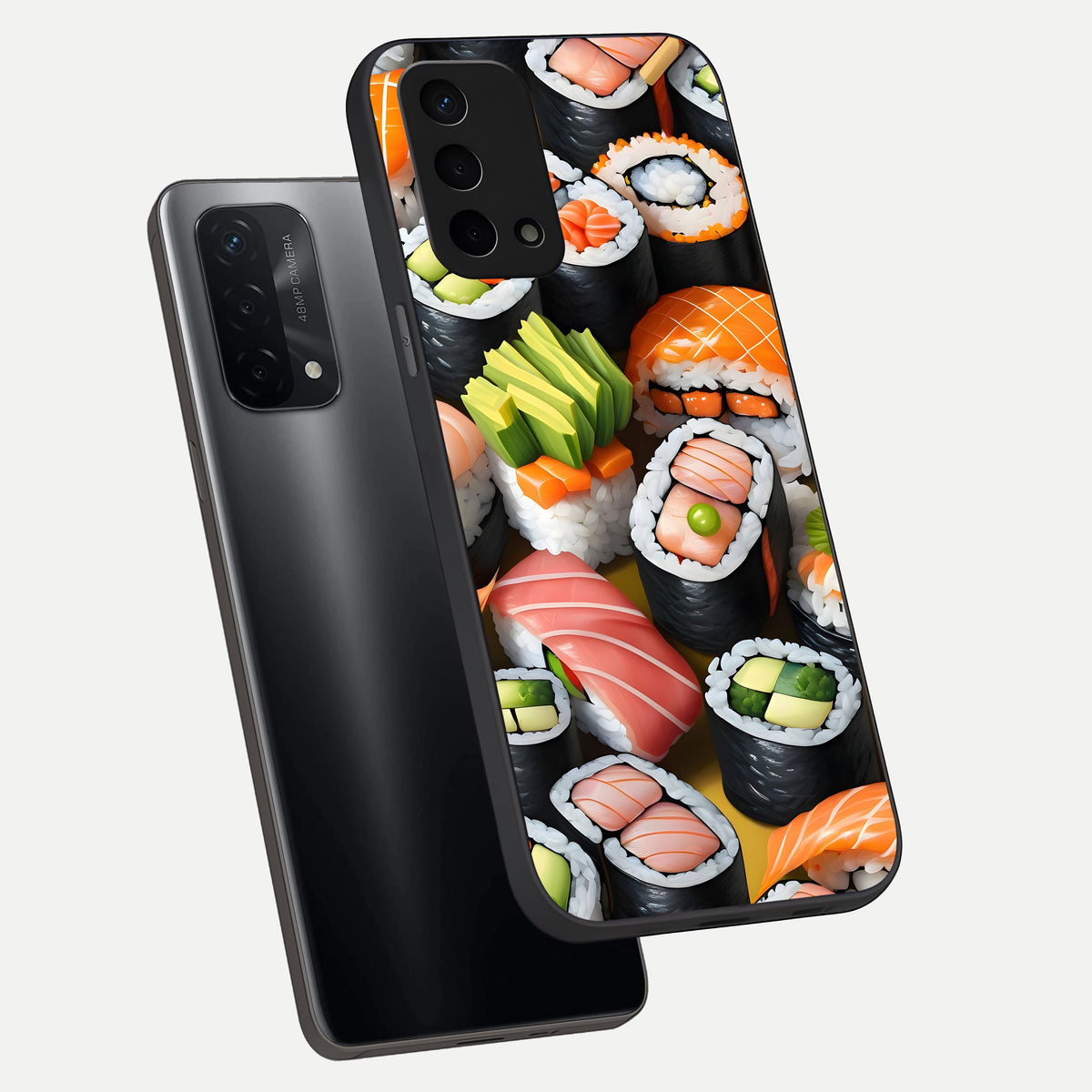  Sushi Food Pattern phone case For Oppo A74 5G showing premium glass back cover with detailed artwork