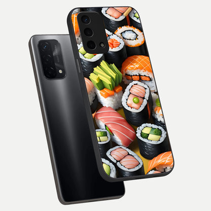  Sushi Food Pattern phone case For Oppo A74 5G showing premium glass back cover with detailed artwork