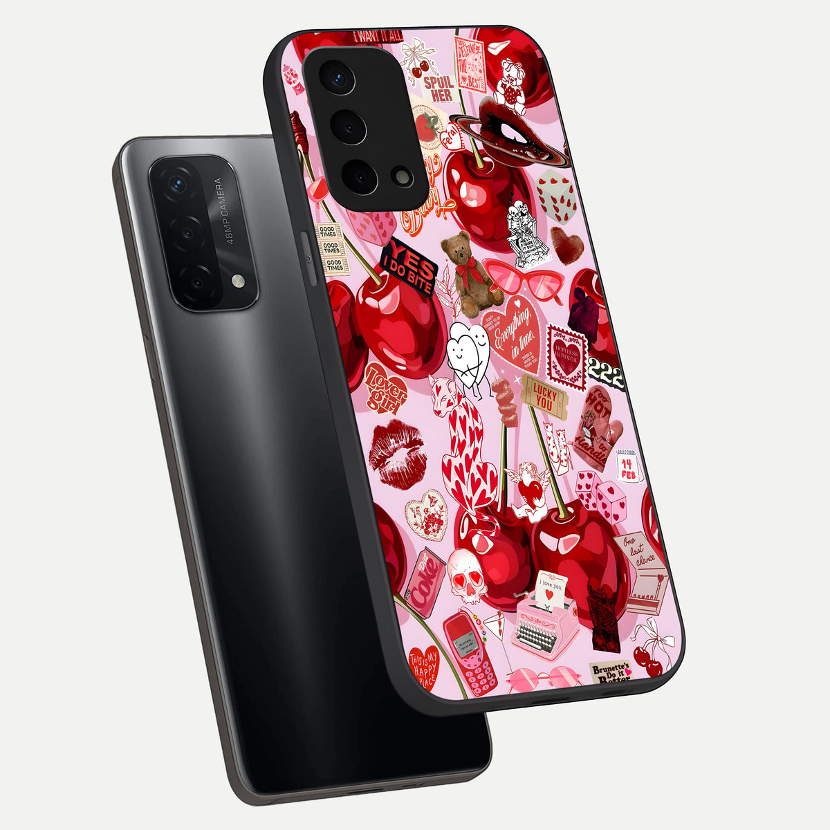  Sweet Cherry Chaos phone case For Oppo A74 5G showing premium glass back cover with detailed artwork