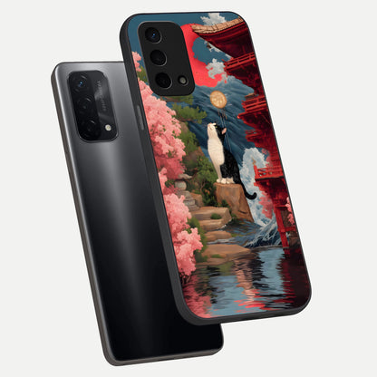  Temple Cat Scenery phone case For Oppo A74 5G showing premium glass back cover with detailed artwork