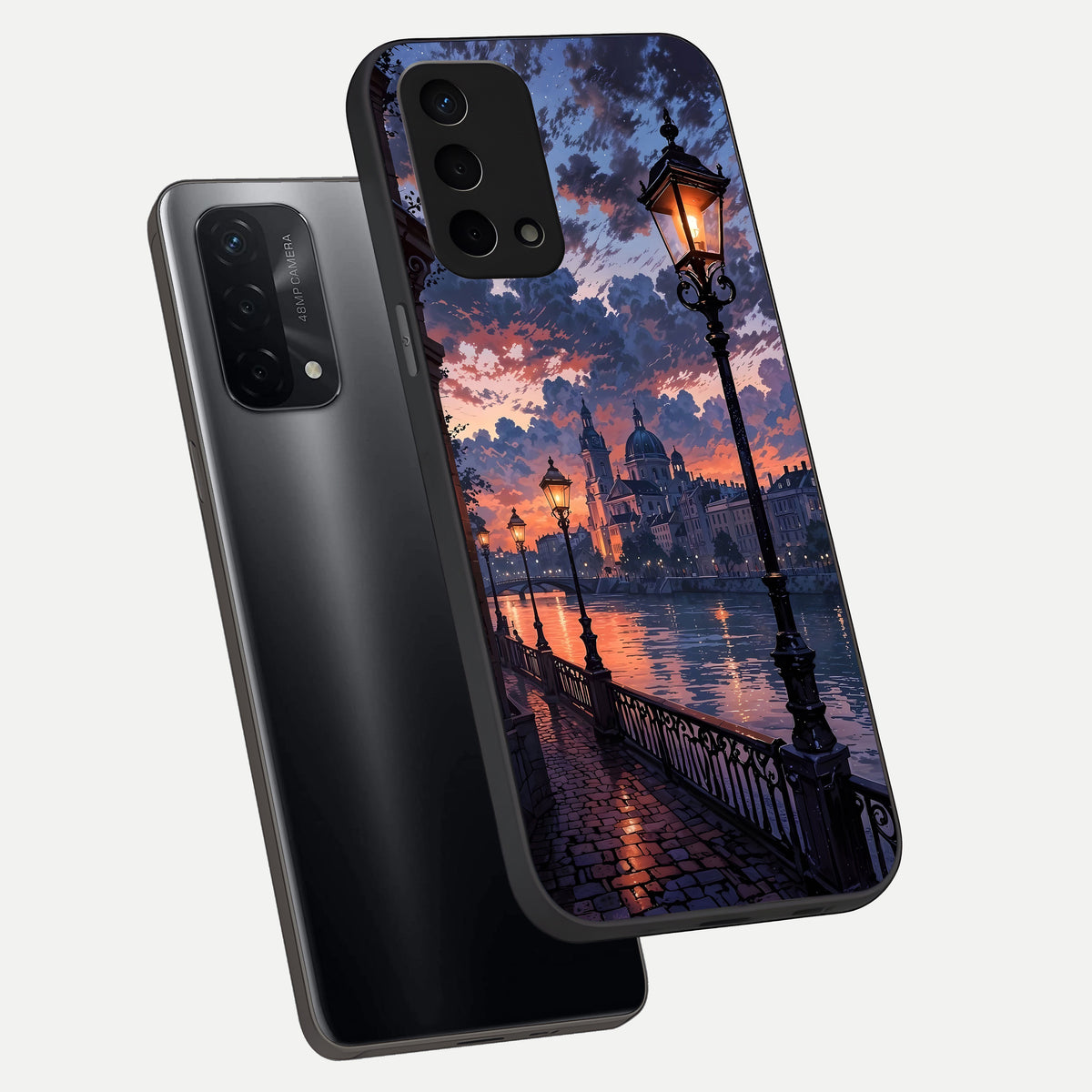  Twilight River Lights phone case For Oppo A74 5G showing premium glass back cover with detailed artwork