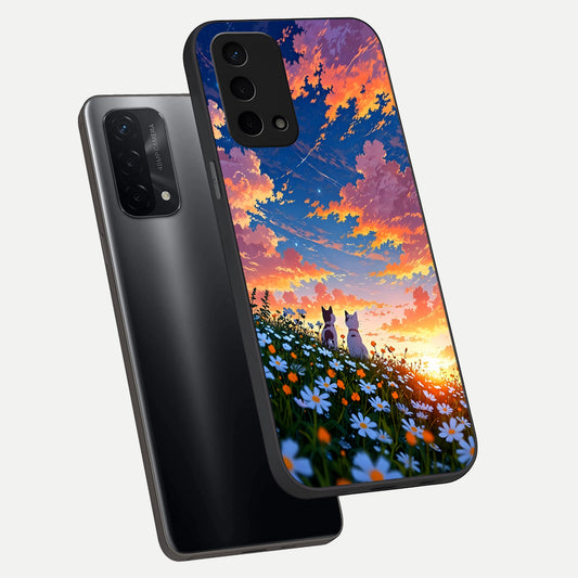  Two Cats Friends phone case For Oppo A74 5G showing premium glass back cover with detailed artwork